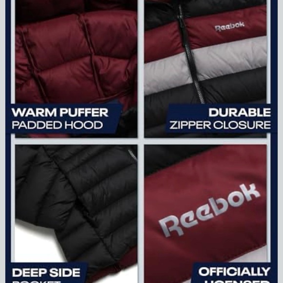Reebok Women’s Hooded Puffer Jacket - Black, Burgundy, Light Gray - Picture 3 of 7